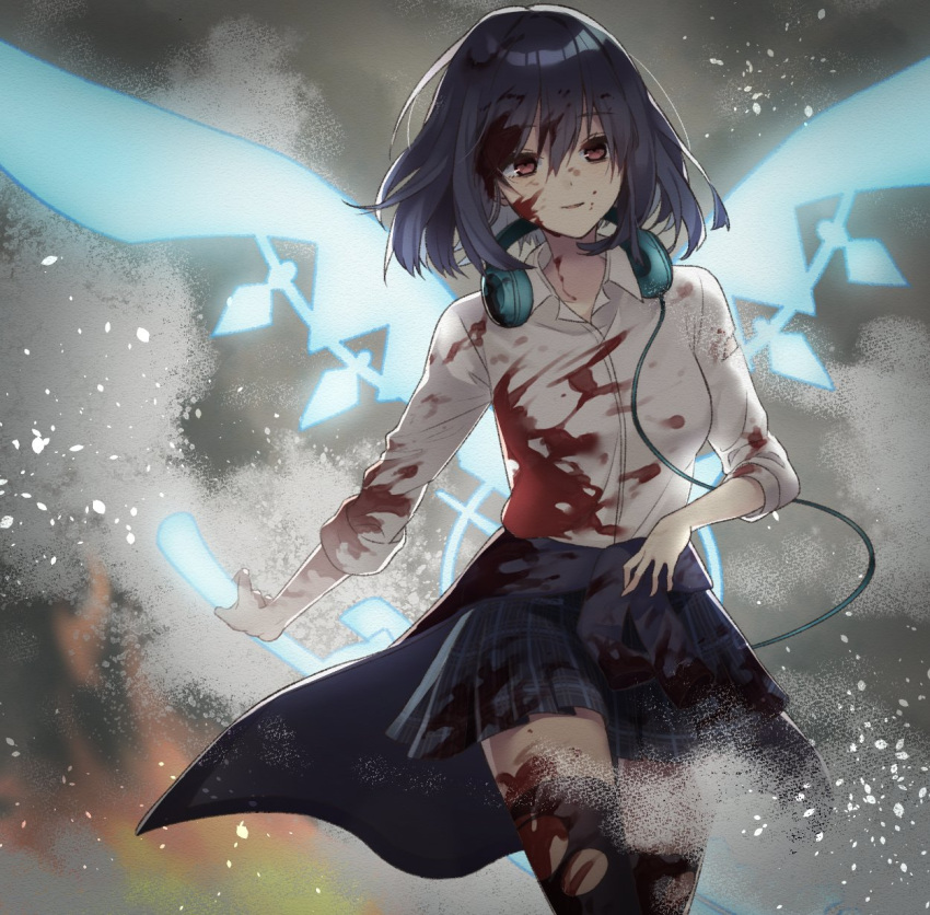 1girl, alice_(sinoalice), blood, blood_on_face, blood_splatter, bloody_clothes, blue_hair, clothes_around_waist, collared_shirt, energy_sword, energy_wings, headphones, headphones_around_neck, highres, holding, holding_sword, holding_weapon, jacket, jacket_around_waist, looking_at_viewer, parted_lips, plaid, plaid_skirt, pleated_skirt, red_eyes, school_uniform, shirt, sinoalice, skirt, smile, smoke, solo, sword, thigh-highs, torn_clothes, torn_legwear, weapon, yuna726