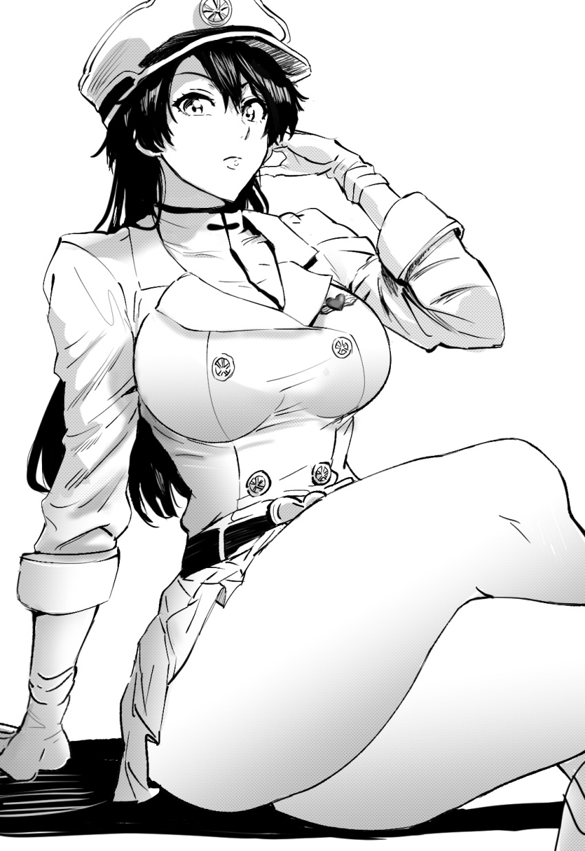 1girl, arm_support, bambietta_basterbine, belt, black_hair, bleach, bleach:_the_thousand-year_blood_war, breasts, crossed_legs, daraz18aka, gloves, greyscale, hair_between_eyes, hat, highres, large_breasts, long_hair, long_sleeves, looking_at_viewer, military, military_uniform, miniskirt, monochrome, peaked_cap, simple_background, skirt, solo, uniform