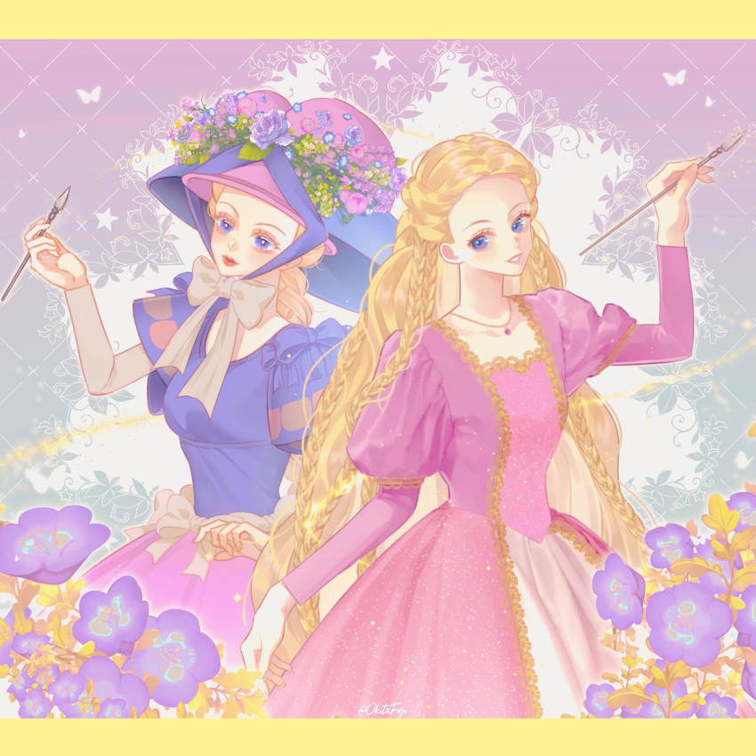 2girls, absurdly_long_hair, barbie_(character), barbie_(franchise), barbie_as_rapunzel, barbie_movies, blonde_hair, blue_bow