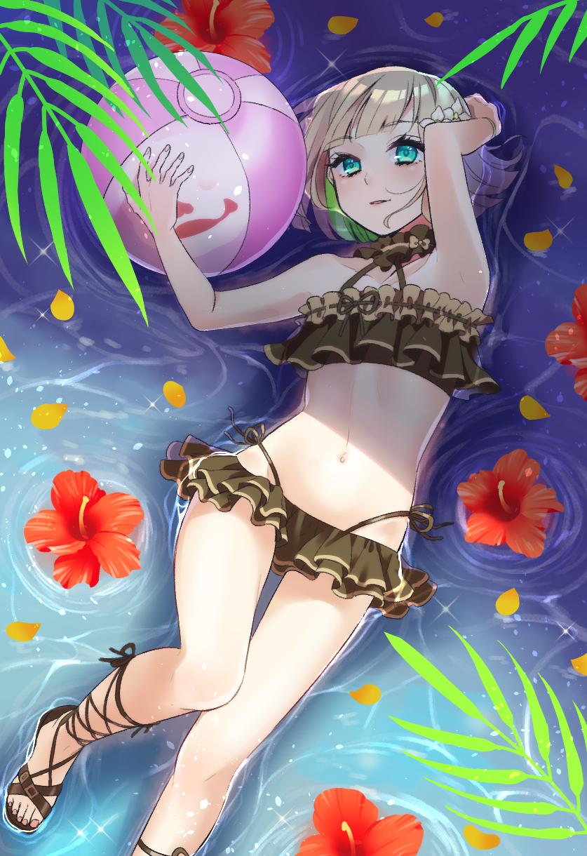 1boy, ball, beachball, bikini, bob_cut, brown_hair, choker, flower