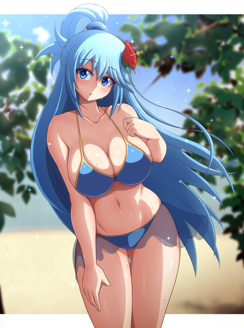 1girl, :o, aqua_(konosuba), bangs, bikini, blue_bikini, blue_eyes, blue_hair