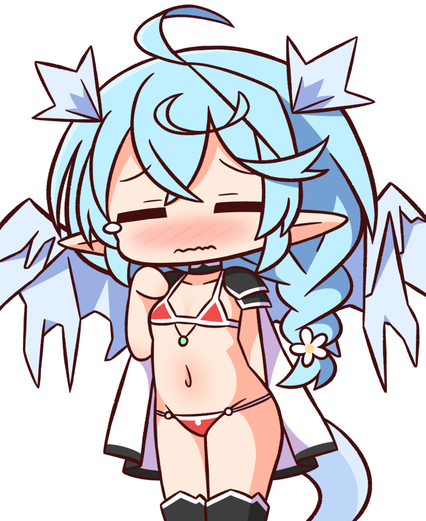 1girl, ahoge, bangs, bikini, black_legwear, blue_wings, braid, cape