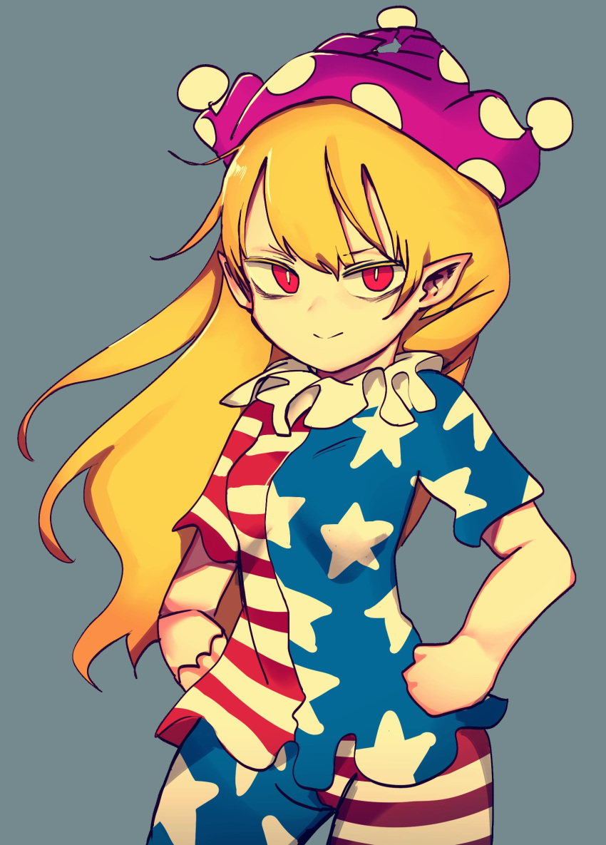 1girl, absurdres, american_flag_dress, american_flag_legwear, andanon, bad_hands, bangs, blonde_hair, breasts, bright_pupils, closed_mouth, clownpiece, commentary_request, contrapposto, cowboy_shot, grey_background, hands_on_hips, hat, highres, jester_cap, long_hair, looking_at_viewer, neck_ruff, pantyhose, pointy_ears, polka_dot, purple_headwear, red_eyes, short_sleeves, simple_background, slit_pupils, small_breasts, smile, solo, star_(symbol), star_print, touhou, v-shaped_eyebrows, very_long_hair, white_pupils