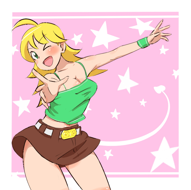 ahoge, breasts, cleavage, green_eyes, hoshii_miki, midriff, natsumi_hajime, skirt