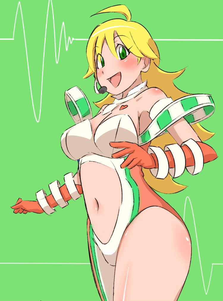 blonde_hair, breasts, cleavage, elbow_gloves, gloves, green_eyes, hoshii_miki, idolmaster