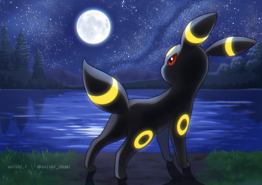 artist_name, commentary_request, enishi_(menkura-rin10), from_behind, full_body, full_moon, gen_2_pokemon, grass, horizon, lake, looking_afar, looking_at_object, moon, night, night_sky, no_humans, pokemon, pokemon_(creature), red_eyes, reflection, shadow, sky, solo, star_(sky), starry_sky, tree, twitter_username, umbreon