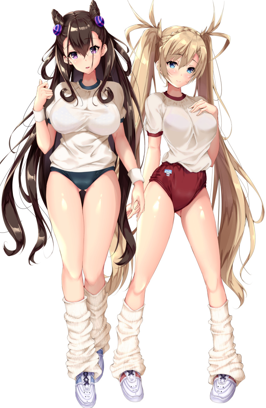 2girls, ass_visible_through_thighs, bangs, black_bra, blonde_hair, blue_eyes, blush, bra