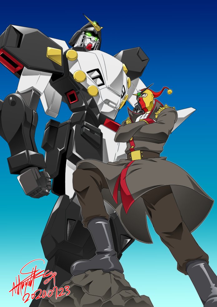 1boy, black_eyes, boots, clenched_hand, crossed_arms, g_gundam, glowing, glowing_eyes