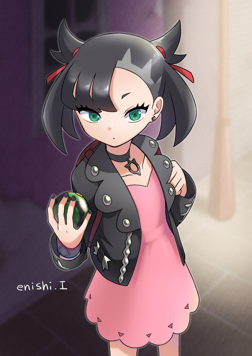 1girl, :o, artist_name, asymmetrical_bangs, backpack, bag, bangs, black_choker