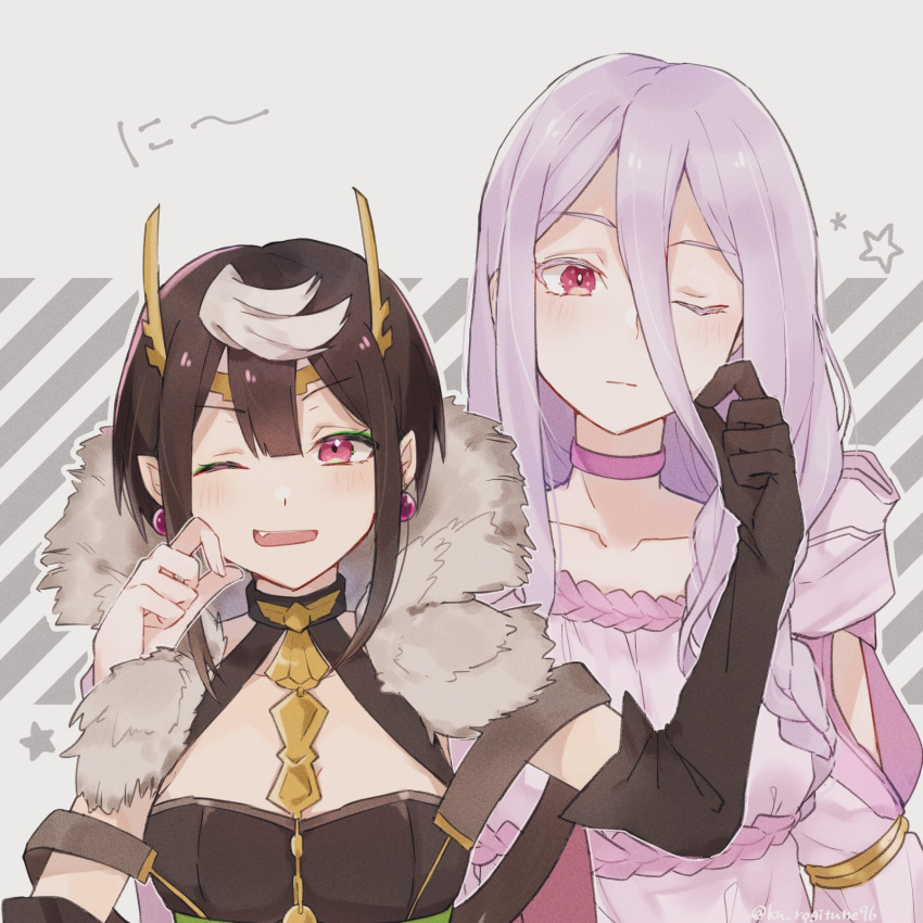2girls, ariel_(kumo_desu_ga_nani_ka?), black_gloves, black_hair, braid, cape, cheek_pinching, choker