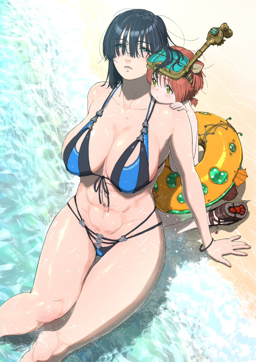 1girl, abs, absurdres, age_difference, animal_ears, beach, bikini, black_bikini