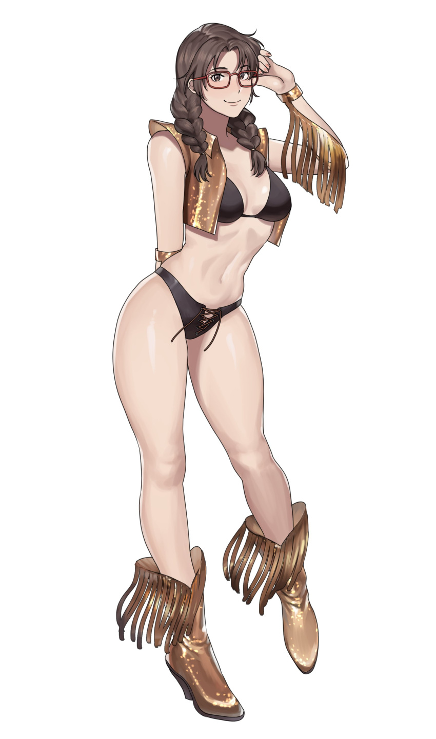 1girl, absurdres, arm_behind_back, bikini, black_bikini, boots, braid, breasts