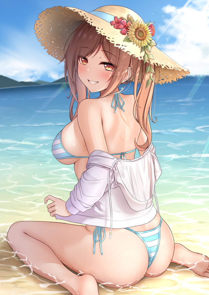 1girl, ass, back, bangs, bare_shoulders, barefoot, beach, bikini, blue_bikini, blush, breasts, brown_eyes, brown_hair, day, drawstring, eyebrows_visible_through_hair, flower, from_behind, grin, halter_top, halterneck, hat, hat_flower, highres, jacket, large_breasts, long_hair, looking_at_viewer, looking_back, medium_breasts, monaka_curl, ocean, off_shoulder, open_clothes, open_jacket, orange_eyes, original, outdoors, ponytail, sand, side-tie_bikini, sidelocks, sitting, sky, smile, solo, straw_hat, string_bikini, striped, striped_bikini, sun_hat, swimsuit, swimsuit_under_clothes, twintails, wariza, water, wet, white_jacket