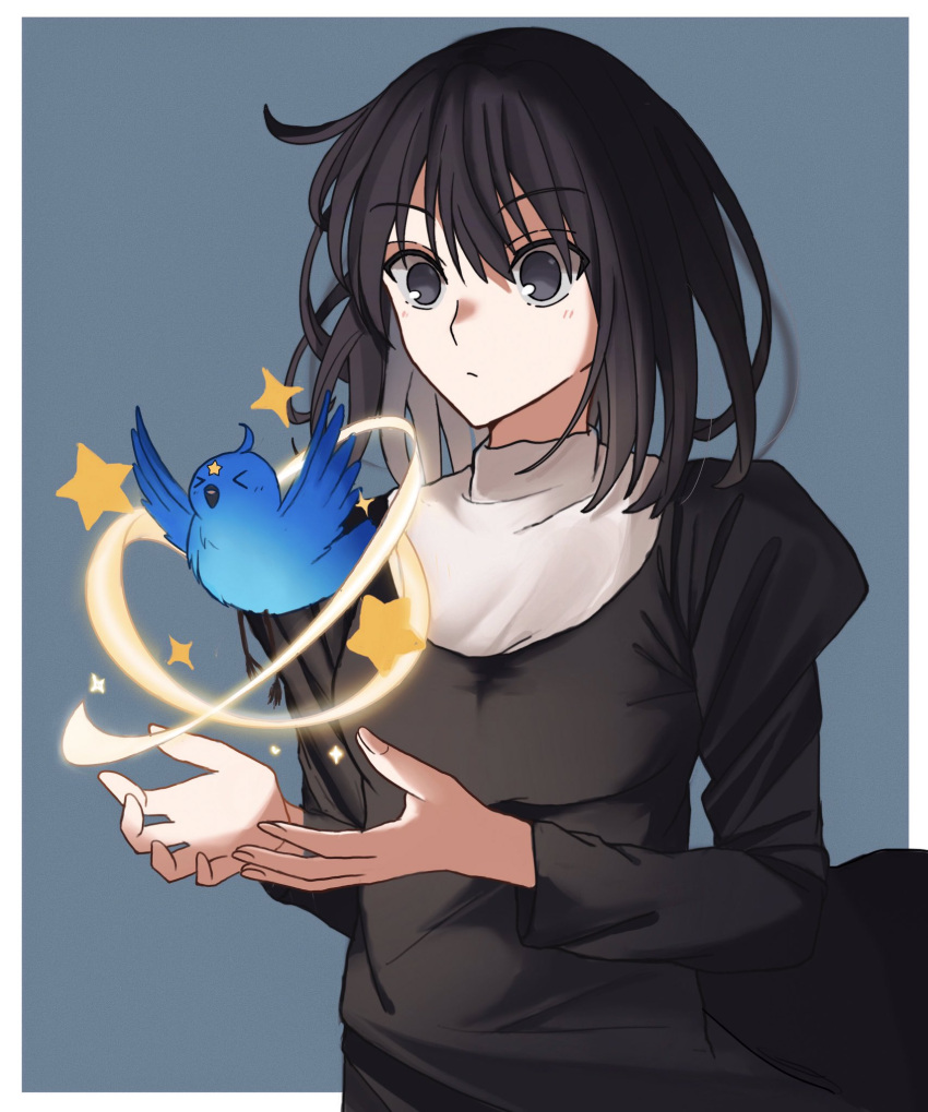 1girl, bangs, black_dress, black_eyes, black_hair, blue_bird, border, commentary