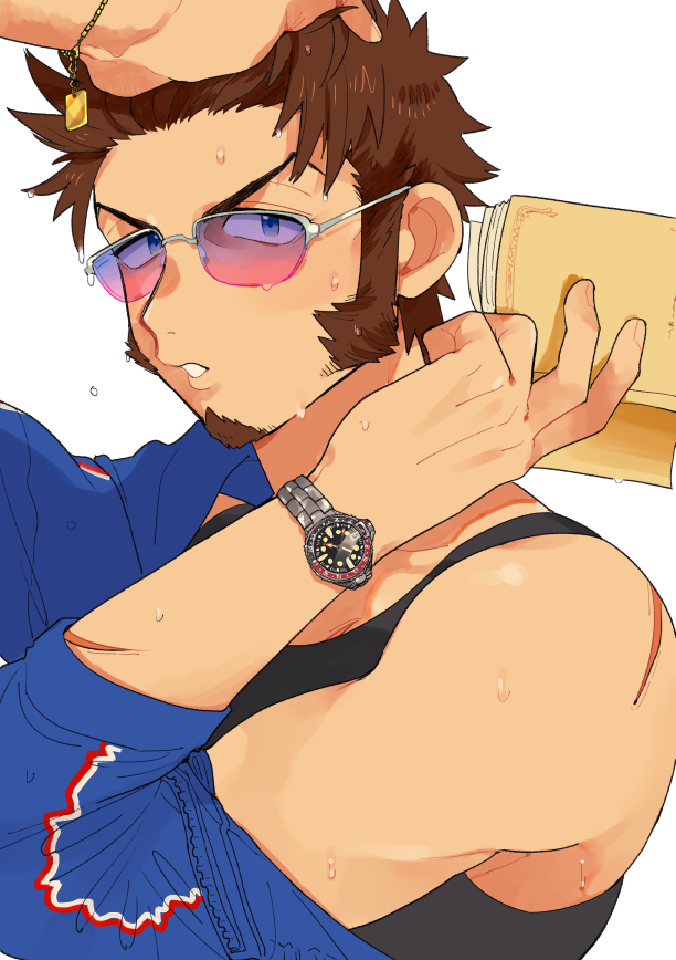 1boy, :o, alternate_costume, black_tank_top, blue_eyes, blue_jacket, book, brown_hair