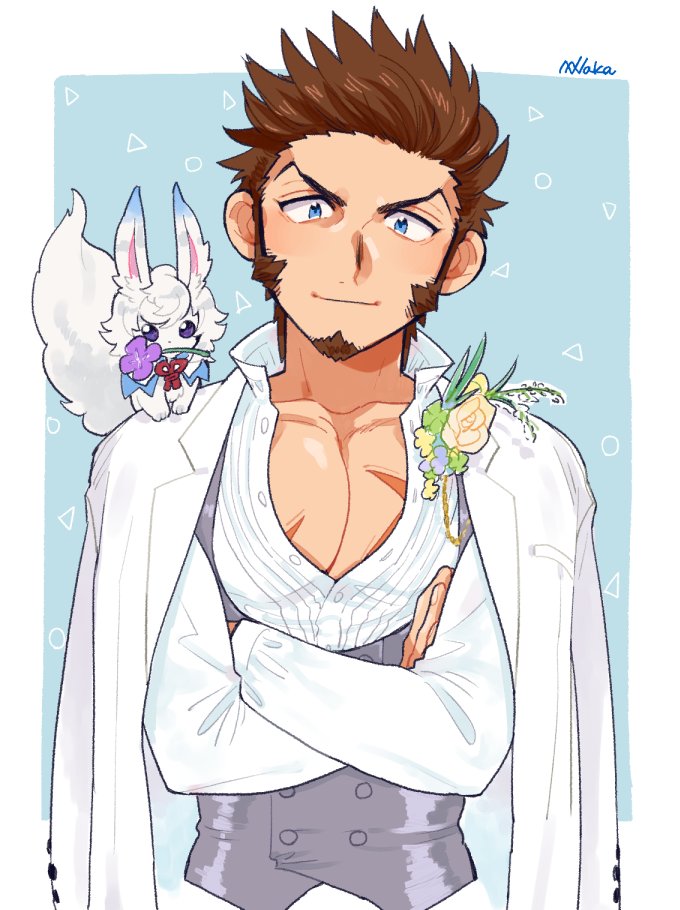1boy, alternate_costume, blue_eyes, blush, brown_hair, creature, creature_on_shoulder, crossed_arms