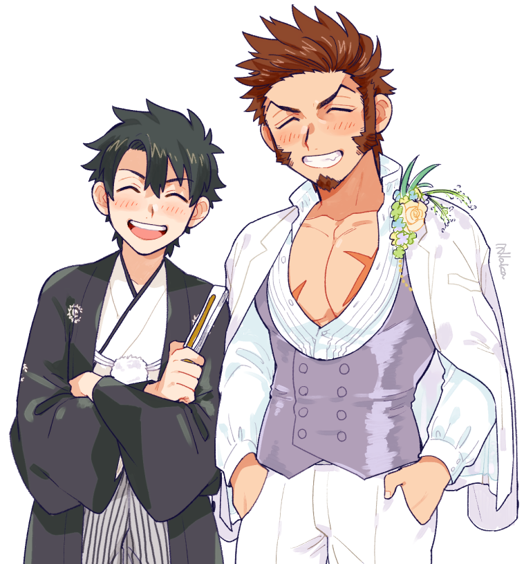 2boys, alternate_costume, black_kimono, blue_eyes, blush, brown_hair, facial_hair, fate/grand_order