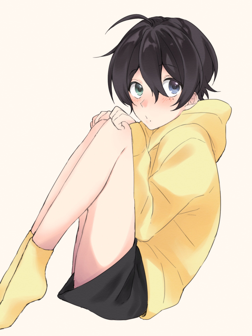 1boy, ahoge, bangs, black_hair, black_shorts, blue_eyes, blush, eyebrows_visible_through_hair, from_side, green_eyes, hair_between_eyes, heterochromia, highres, hood, hoodie, hypnosis_mic, long_sleeves, looking_at_viewer, male_focus, mole, mole_under_eye, mole_under_mouth, short_hair, shorts, sidelocks, socks, solo, white_background, yamada_saburou, yellow_hoodie, yellow_legwear, ystn0046