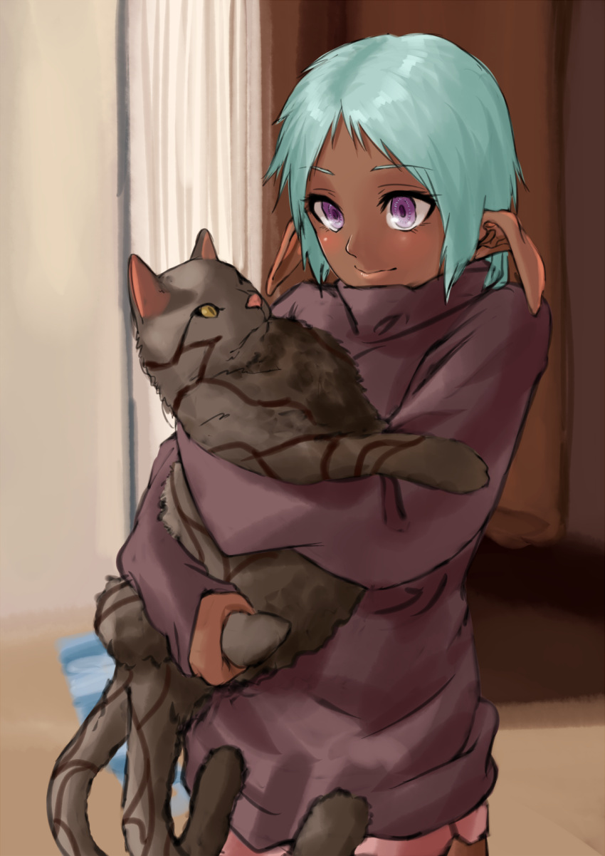 1girl, animal, blue_hair, blush, brown_sweater, cat, closed_mouth, dark-skinned_female