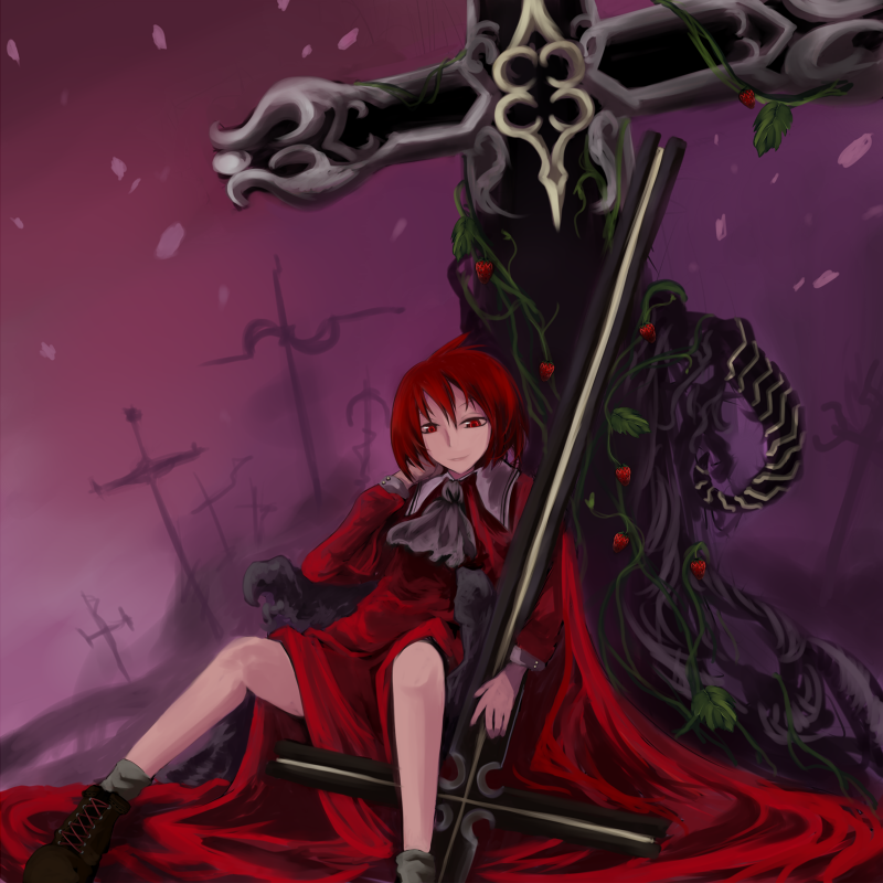 boots, cape, cross, dress, okazaki_yumemi, petals, red_eyes, redhead