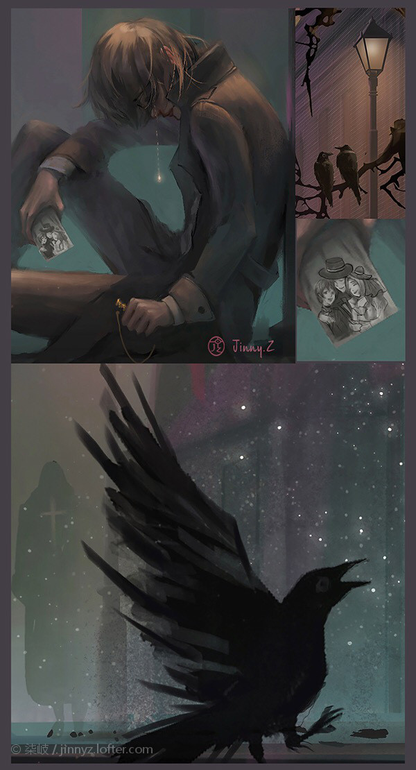 1girl, 3boys, adam_(lord_of_the_mysteries), amon_(lord_of_the_mysteries), benson_moretti, bird, black_hair, black_jacket, branch, brother_and_sister, brothers, building, chinese_commentary, closed_eyes, closed_mouth, clouds, commentary_request, copyright, crow, dress, english_commentary, father_and_son, halo, hat, holding, jacket, jinnyz, klein_moretti, lamppost, looking_down, lord_of_the_mysteries, melissa_moretti, multiple_boys, night, on_floor, panels, photo_(object), robe, shirt, siblings, signature, sky, teardrop, transparent, white_shirt, window