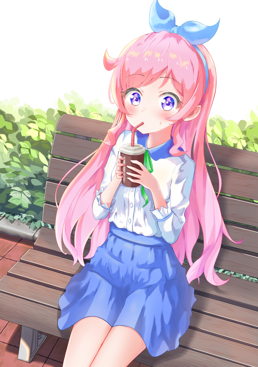 1girl, absurdres, bangs, bench, blue_skirt, blush, bush, collared_shirt, commentary_request, drink, drinking_straw_in_mouth, eyebrows_visible_through_hair, foliage, green_ribbon, hair_down, headband, highres, holding, holding_drink, kiratto_pri_chan, long_hair, long_sleeves, momoyama_mirai, neck_ribbon, orange0150, outdoors, pink_hair, pretty_(series), ribbon, shirt, shirt_tucked_in, sidelocks, sitting, skirt, solo, violet_eyes, white_background, white_shirt
