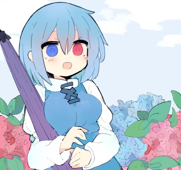 1girl, 76gpo, blue_eyes, blue_hair, blue_skirt, blue_vest, blush, breasts, clouds, commentary, day, flower, hair_between_eyes, heterochromia, hydrangea, juliet_sleeves, long_sleeves, medium_breasts, medium_hair, open_mouth, outdoors, puffy_sleeves, purple_umbrella, red_eyes, skirt, smile, solo, tatara_kogasa, touhou, umbrella, upper_body, vest