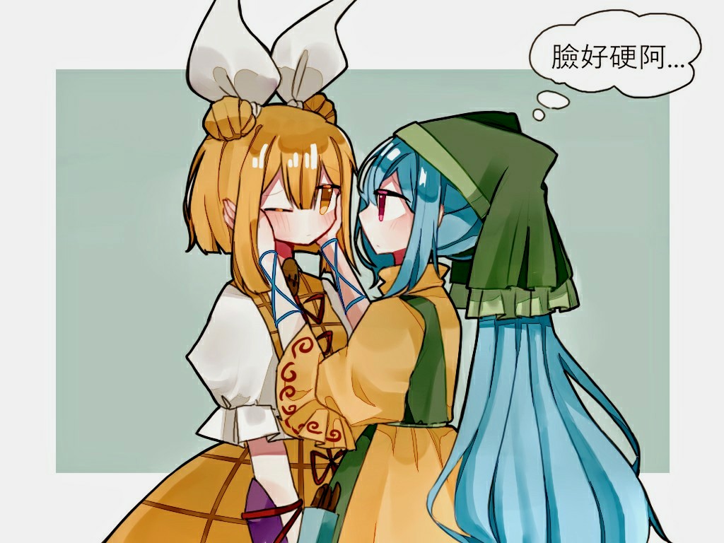 2girls, apron, bangs, blue_hair, blush, chinese_commentary, chinese_text, commentary_request