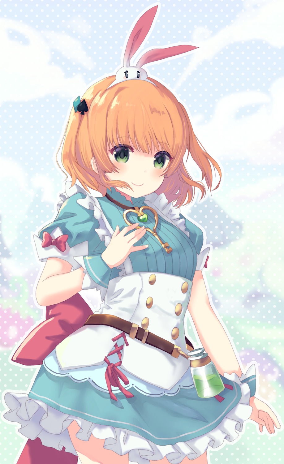 1girl, animal_ears, bangs, belt, blue_dress, blush, bow, commentary