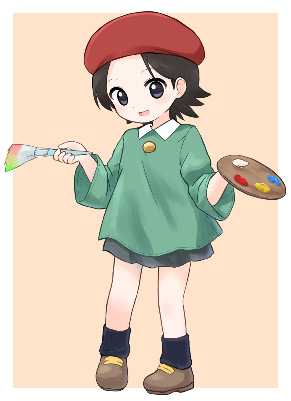 1girl, adeleine, artist_painter, blue_eyes, border, brush, child, commentary_request