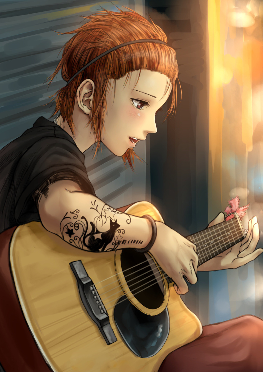 1girl, :d, absurdres, acoustic_guitar, arm_tattoo, black_shirt, blush, bracelet, brown_hair, brown_pants, commentary_request, from_side, guitar, hairband, headless_guitar, highres, holding, holding_instrument, instrument, jewelry, kirie_kairi, music, open_mouth, original, pants, playing_instrument, profile, red_eyes, shirt, short_hair, sitting, smile, solo, tattoo