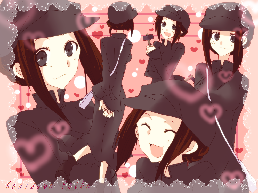 bad_id, bag, black_eyes, boots, breasts, brown_hair, closed_eyes, coat