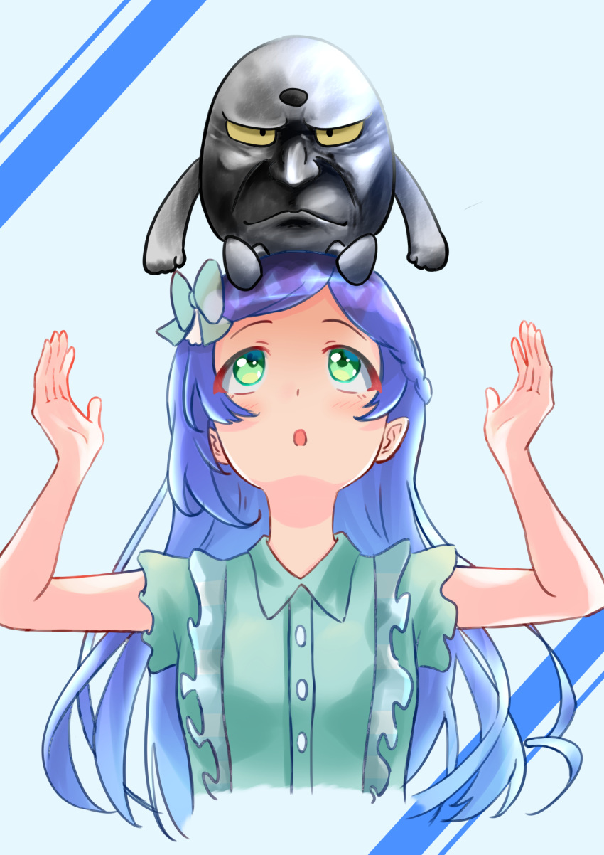 1girl, :o, aoba_rinka, aqua_background, aqua_bow, aqua_shirt, blue_hair, blush