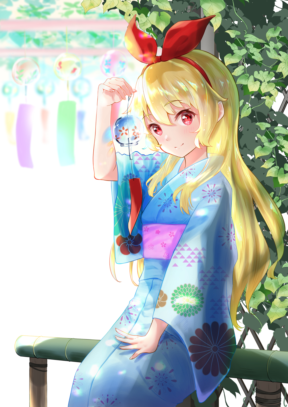 1girl, aikatsu!_(series), bangs, blonde_hair, blush, commentary_request, eyebrows_visible_through_hair, foliage