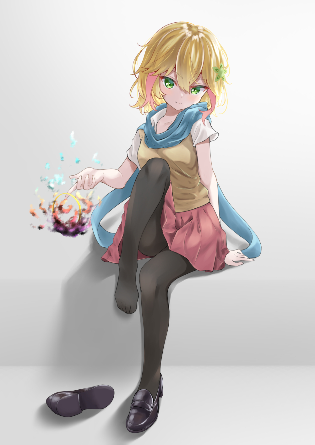 1girl, aqua_scarf, bangs, black_footwear, black_legwear, blonde_hair, blush, cardigan