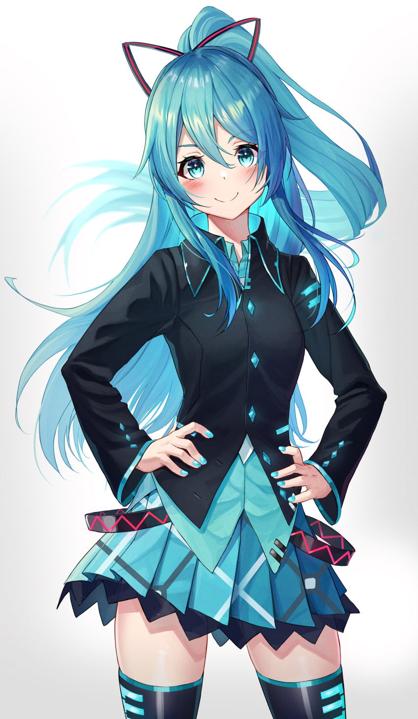1girl, aqua_eyes, aqua_hair, aqua_nails, aqua_shirt, aqua_skirt, bangs, bib_(bibboss39)
