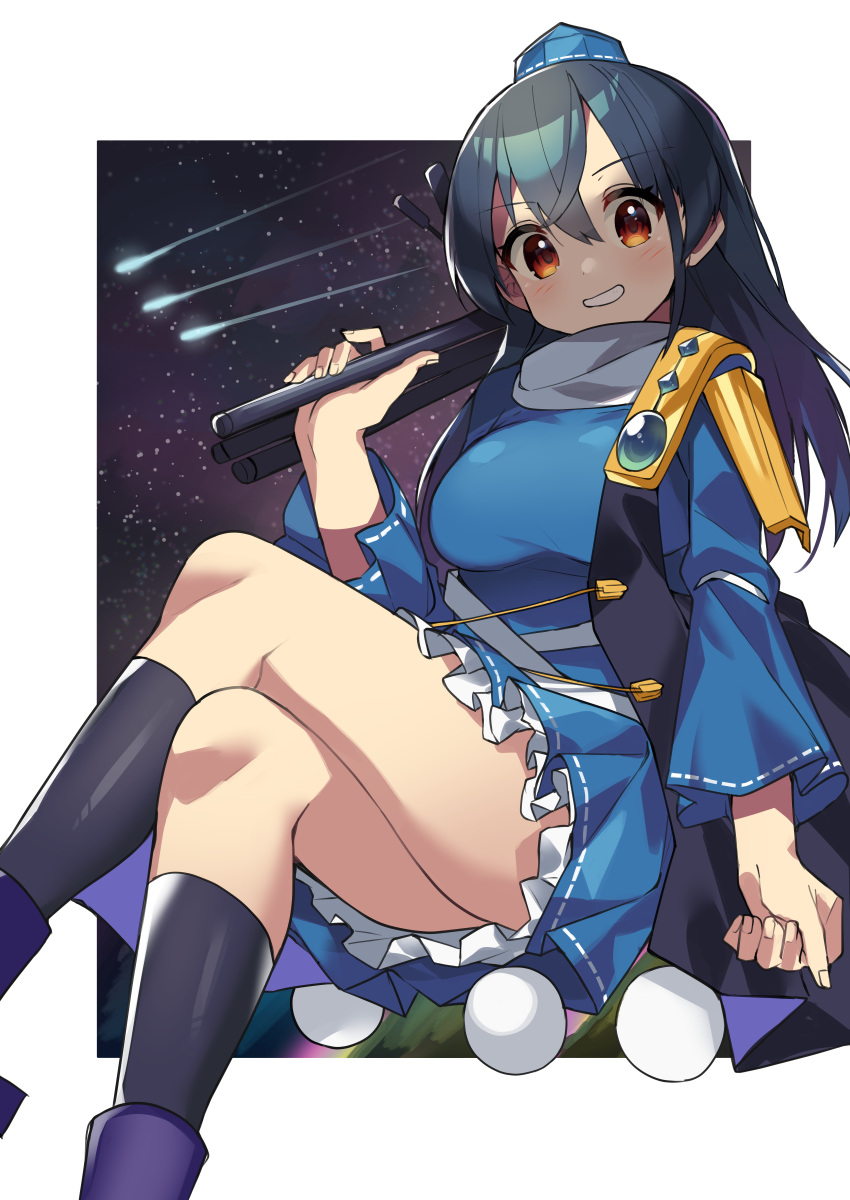 1girl, absurdres, bangs, black_hair, black_legwear, blue_dress, blue_headwear, blush