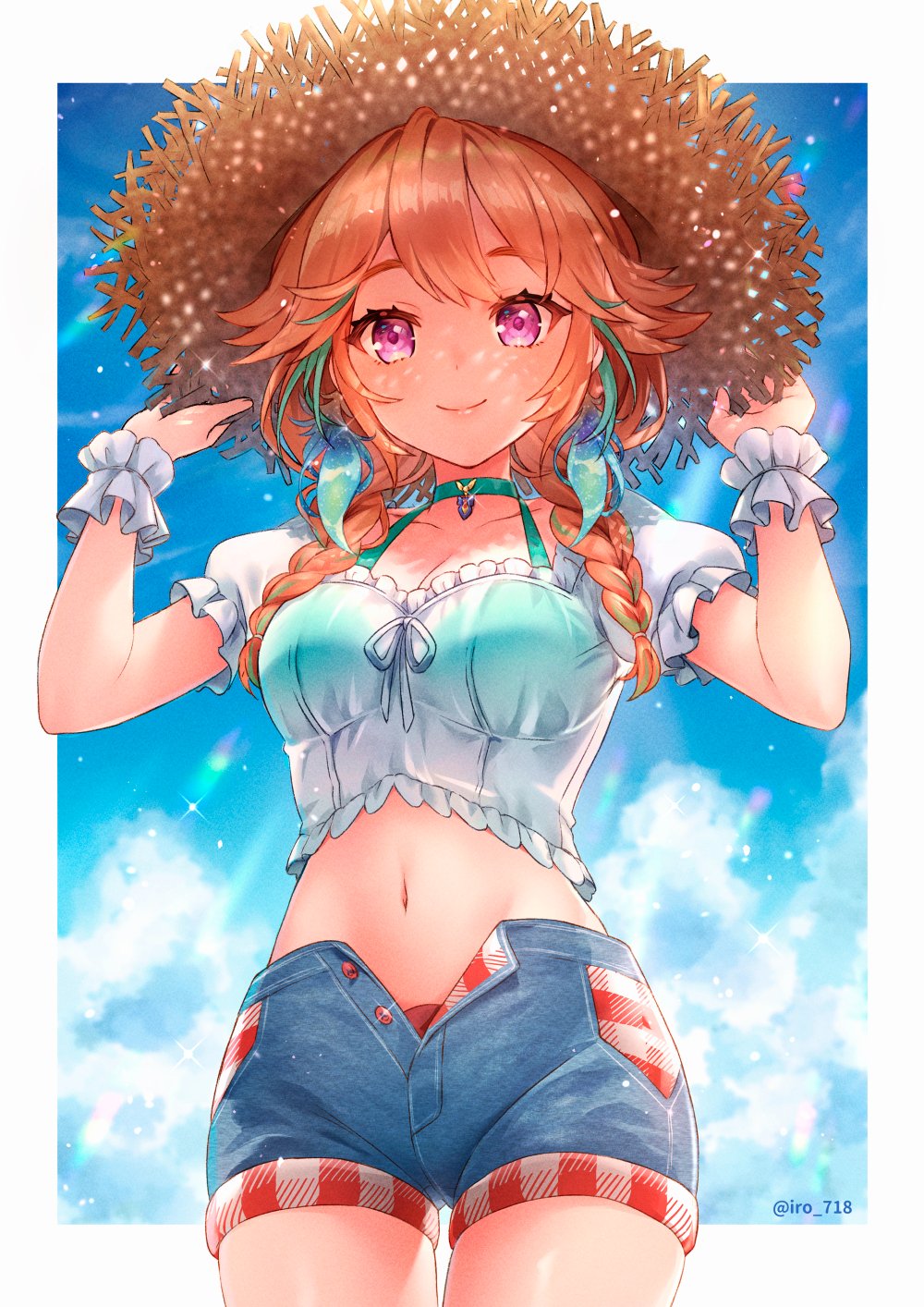 1girl, artist_name, bangs, bikini, bikini_top, blouse, border, braid