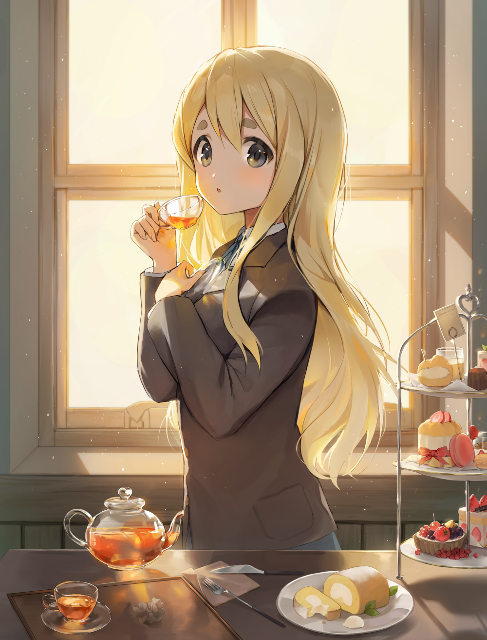 1girl, :o, bangs, blazer, blonde_hair, blue_eyes, blue_jacket, blue_neckwear
