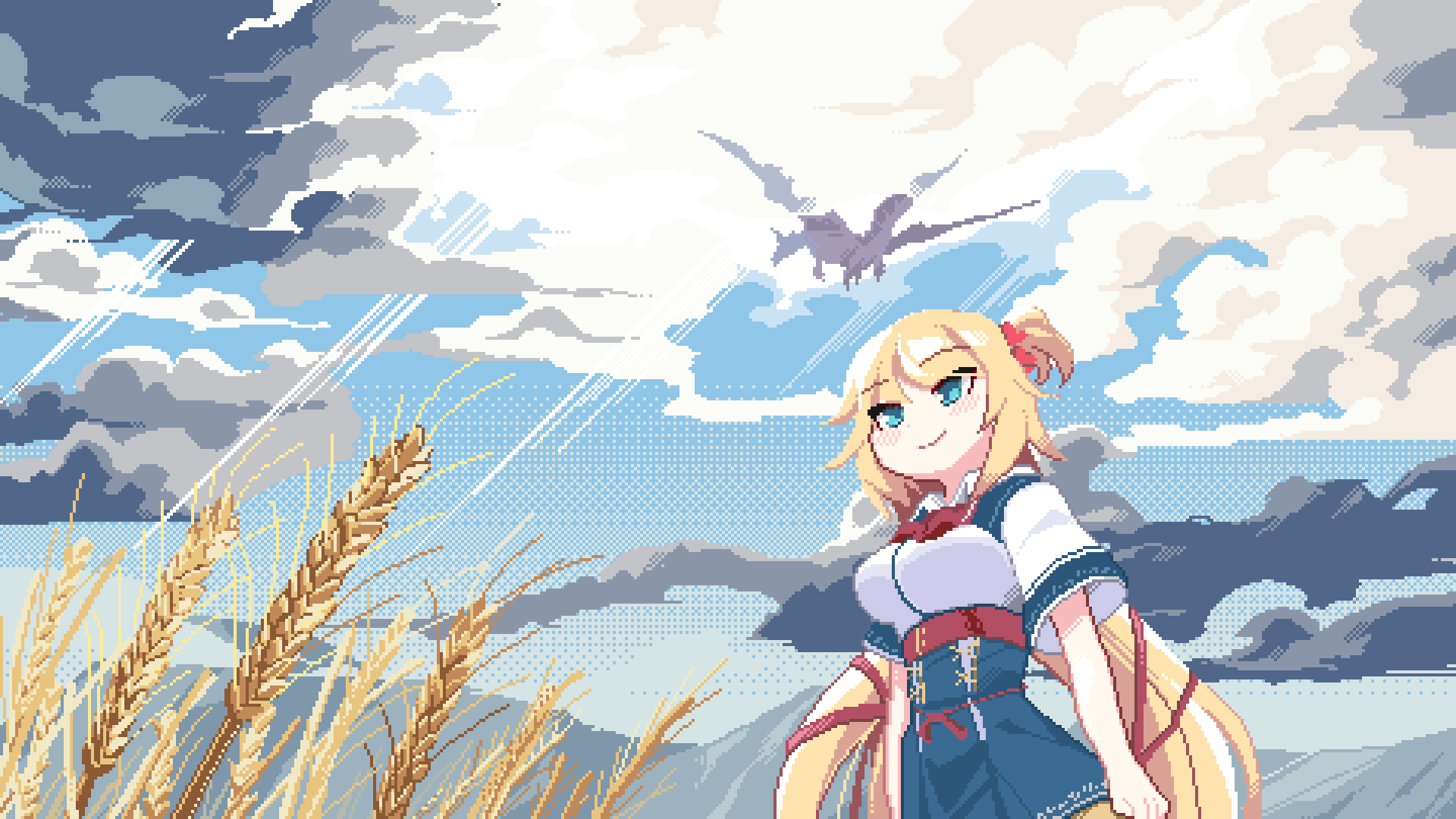 1girl, akai_haato, bangs, blonde_hair, blue_eyes, blue_skirt, breasts, clouds