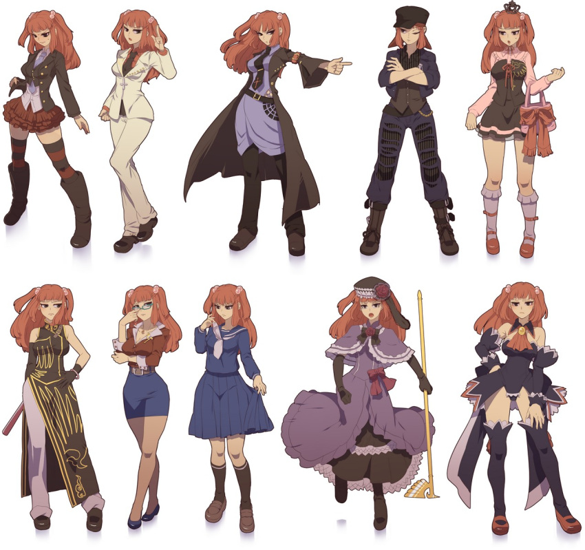 amakusa_juuza_(cosplay), angel_mort, bag, beatrice, beatrice_(cosplay), black_gloves, blue_eyes, bow, bracelet, breasts, cleavage, cosplay, crown, curvy, detached_sleeves, dress, dress_lift, elbow_gloves, eva_beatrice, eva_beatrice_(cosplay), fan, gloves, hair_bobbles, hair_ornament, hat, highres, jewelry, large_breasts, legs, long_hair, miniskirt, necktie, niso, pantyhose, pleated_skirt, red_hair, redhead, ribbon, school_uniform, skirt, staff, striped, striped_legwear, striped_thighhighs, thigh-highs, thighhighs, umineko_no_naku_koro_ni, ushiromiya_ange, ushiromiya_battler, ushiromiya_battler_(cosplay), ushiromiya_eva, ushiromiya_eva_(cosplay), ushiromiya_kyrie, ushiromiya_kyrie_(cosplay), ushiromiya_maria, ushiromiya_maria_(cosplay), wide_hips, zettai_ryouiki