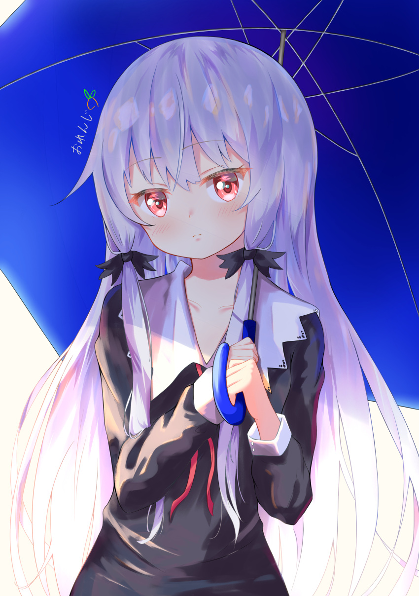 1girl, absurdres, artist_name, bangs, black_dress, blush, collarbone, commentary