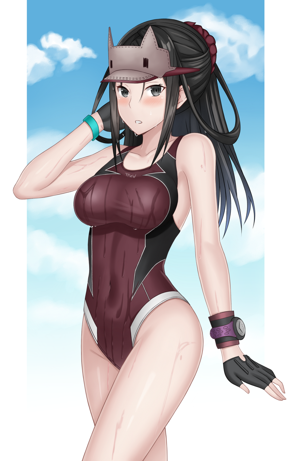 1girl, black_hair, blush, breasts, covered_navel, fingerless_gloves, full_body, gloves