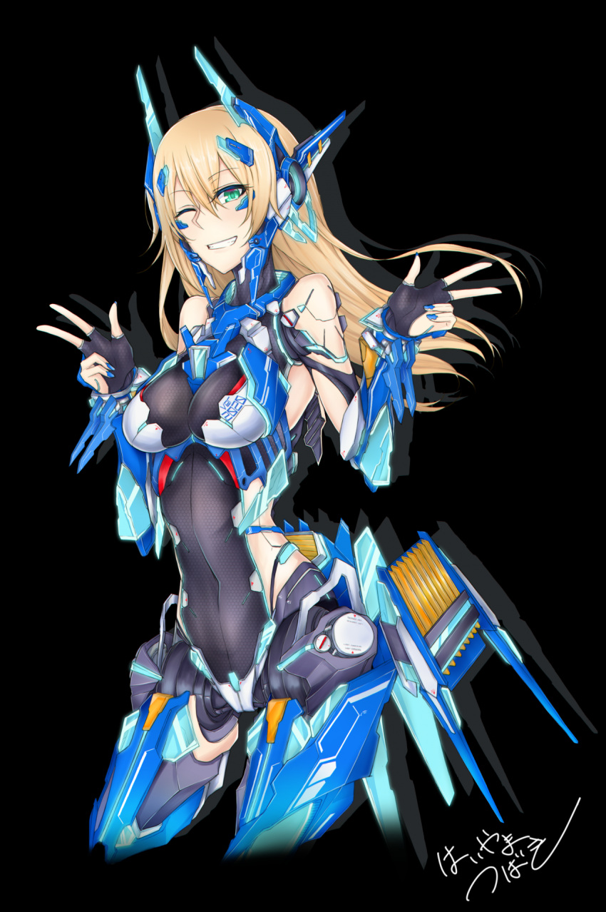 1girl, android, bare_shoulders, blonde_hair, blue_nails, breasts, covered_navel, double_v, green_eyes, grin, highres, long_hair, mecha_musume, medium_breasts, one_eye_closed, original, smile, solo, tsubakiworks, v, very_long_hair