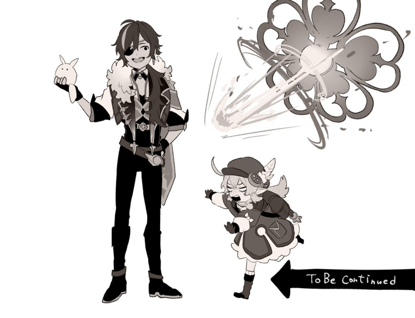 1boy, 1girl, =_=, angry, backpack, bad_id, bad_twitter_id, bag, blush, cabbie_hat, clover, clover_print, commentary, crying, dodoco_(genshin_impact), earrings, eyepatch, fur_scarf, genshin_impact, greyscale, hat, hat_feather, holding, jewelry, kaeya_(genshin_impact), klee_(genshin_impact), laughing, low_twintails, monochrome, multicolored_hair, nishikichi, open_mouth, reaching, reaching_out, simple_background, single_earring, smile, to_be_continued, twintails, two-tone_hair, vision_(genshin_impact), white_background