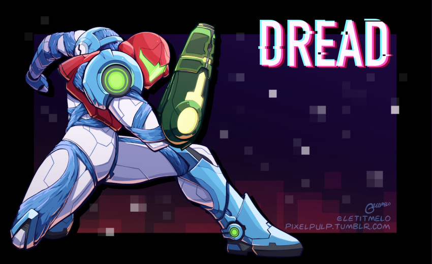 1girl, arm_cannon, armor, glowing, gun, highres, looking_at_viewer, metroid