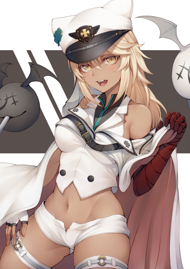 1girl, bandaged_arm, bandages, bangs, banned_artist, bare_shoulders, cape, clover