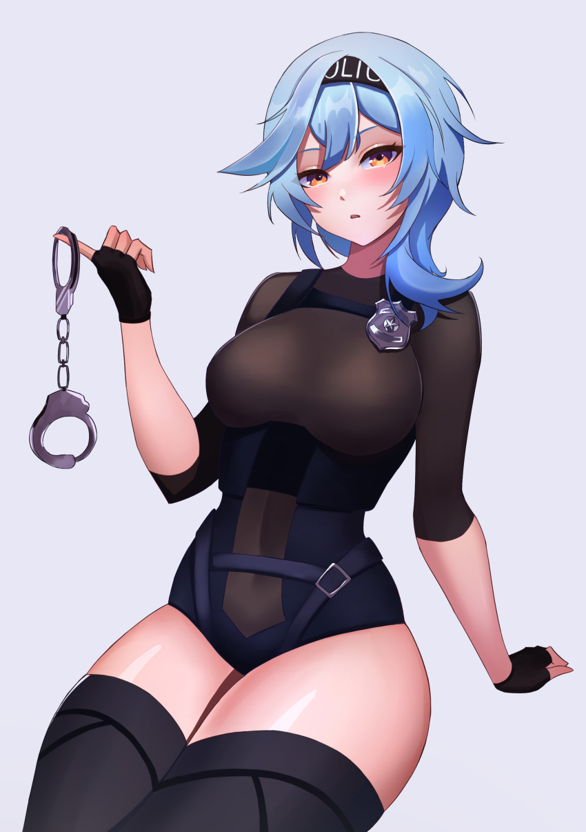 1girl, absurdres, badge, bangs, black_hairband, black_legwear, black_leotard, blue_hair