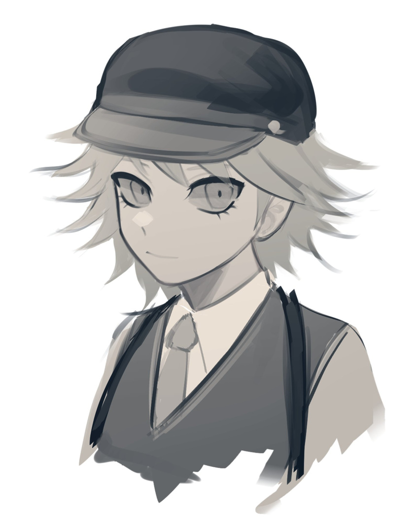 1boy, bangs, black_headwear, brown_hair, collared_shirt, commentary, cropped_torso, dangan_ronpa_(series)