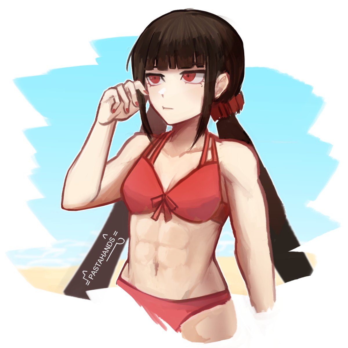 1girl, abs, bangs, bikini, black_hair, blunt_bangs, breasts, closed_mouth, collarbone, cropped_legs, dangan_ronpa_(series), dangan_ronpa_s:_ultimate_summer_camp, dangan_ronpa_v3:_killing_harmony, english_commentary, hair_ornament, hair_scrunchie, hand_up, harukawa_maki, highres, long_hair, looking_away, looking_to_the_side, mole, mole_under_eye, muscular, navel, official_alternate_costume, pastahands, red_bikini, red_eyes, red_scrunchie, scrunchie, small_breasts, solo, swimsuit, twintails